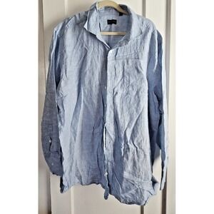 ROCHESTER men Sz 1XL 100% Linen blue white stripe button‎ up long sleeve shirt